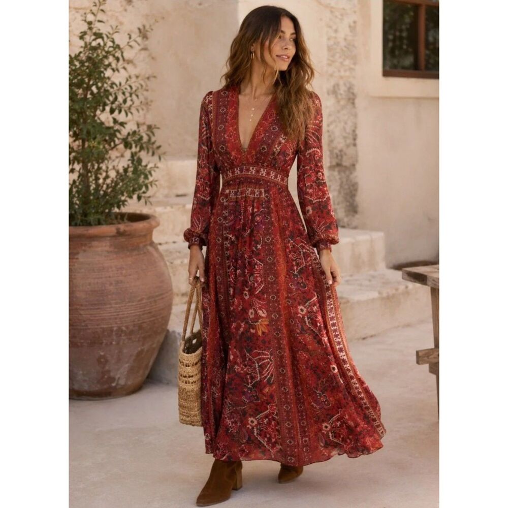 Ranna Gill Motif Maxi Dress Boho Red Floral Patchwork Cottagecore Witchcore SZ 6